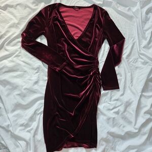SHEIN Burgundy Red Velvet Faux Wrap V-neck Long Sleeve Side Ruched Dress